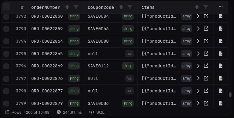 A results grid scrolled deep into a large collection; rows are fetched in batches while scrolling.