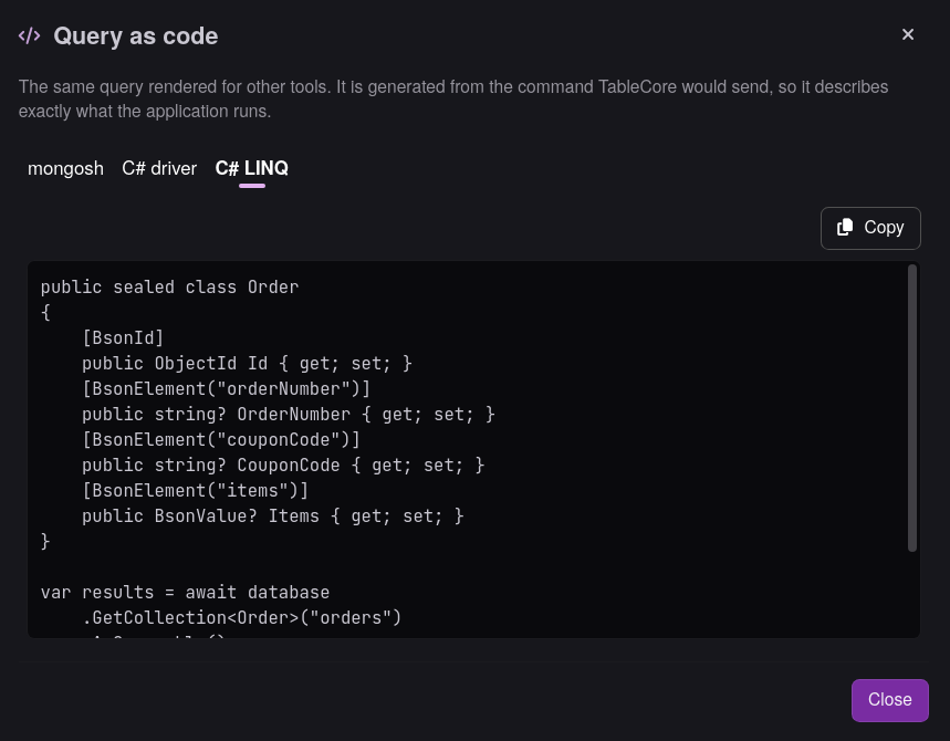 The Query as code dialog rendering the current query as C# LINQ, with mongosh and C# driver tabs.