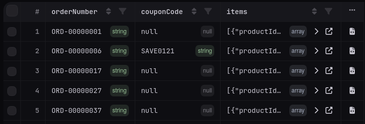 Query results in a type-aware grid where each value is labelled with its BSON type and document cells can be expanded.