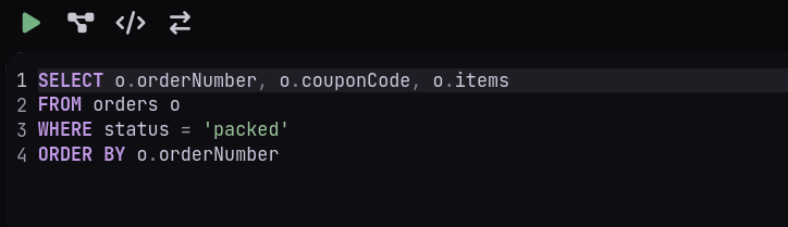 The TableCore SQL editor highlighting a SELECT query with an OBJECTID literal and a WHERE clause.